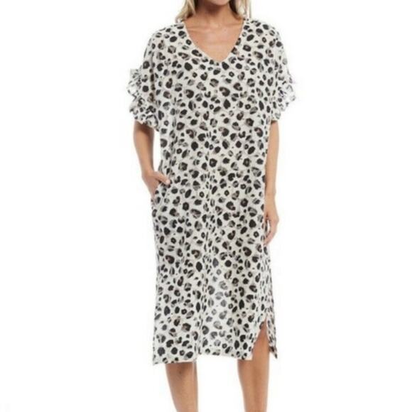 NEW Kate Landry Sheer Eyelet Leopard Print Kaftan Mumu Swim Cover Up Midi Dress - Picture 1 of 12